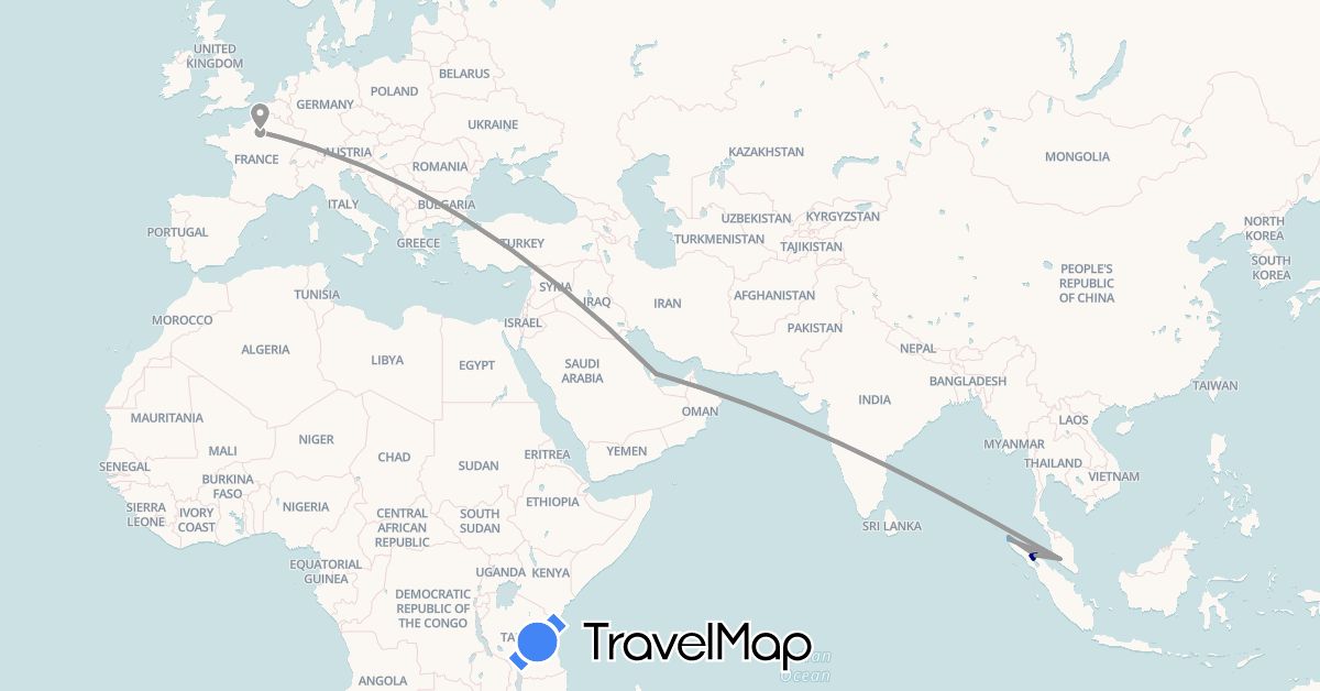 TravelMap itinerary: driving, bus, plane, boat in France, Indonesia, Malaysia, Qatar (Asia, Europe)